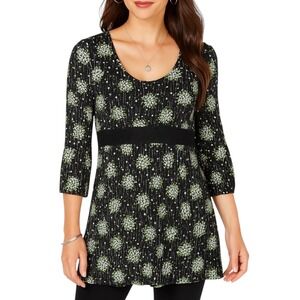 Style & Co Babydoll Tunic Top Medium Black Green Floral Metallic 3/4 Sleeve Lace